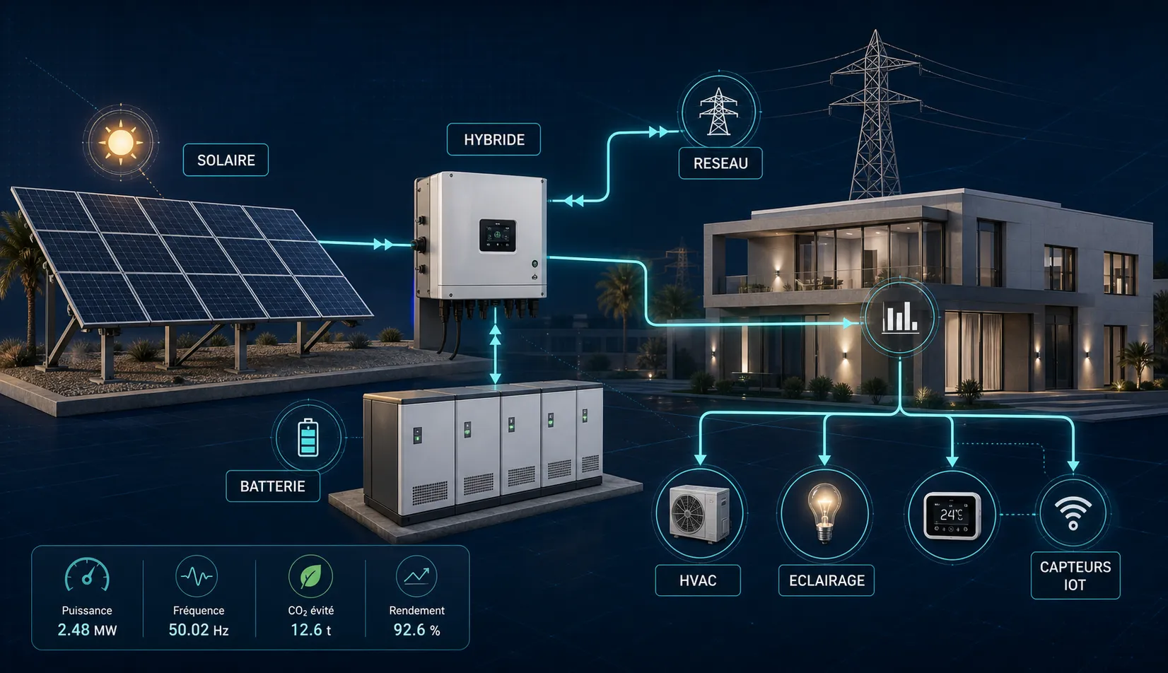 Énergie · système hybride solaire / batterie / réseau